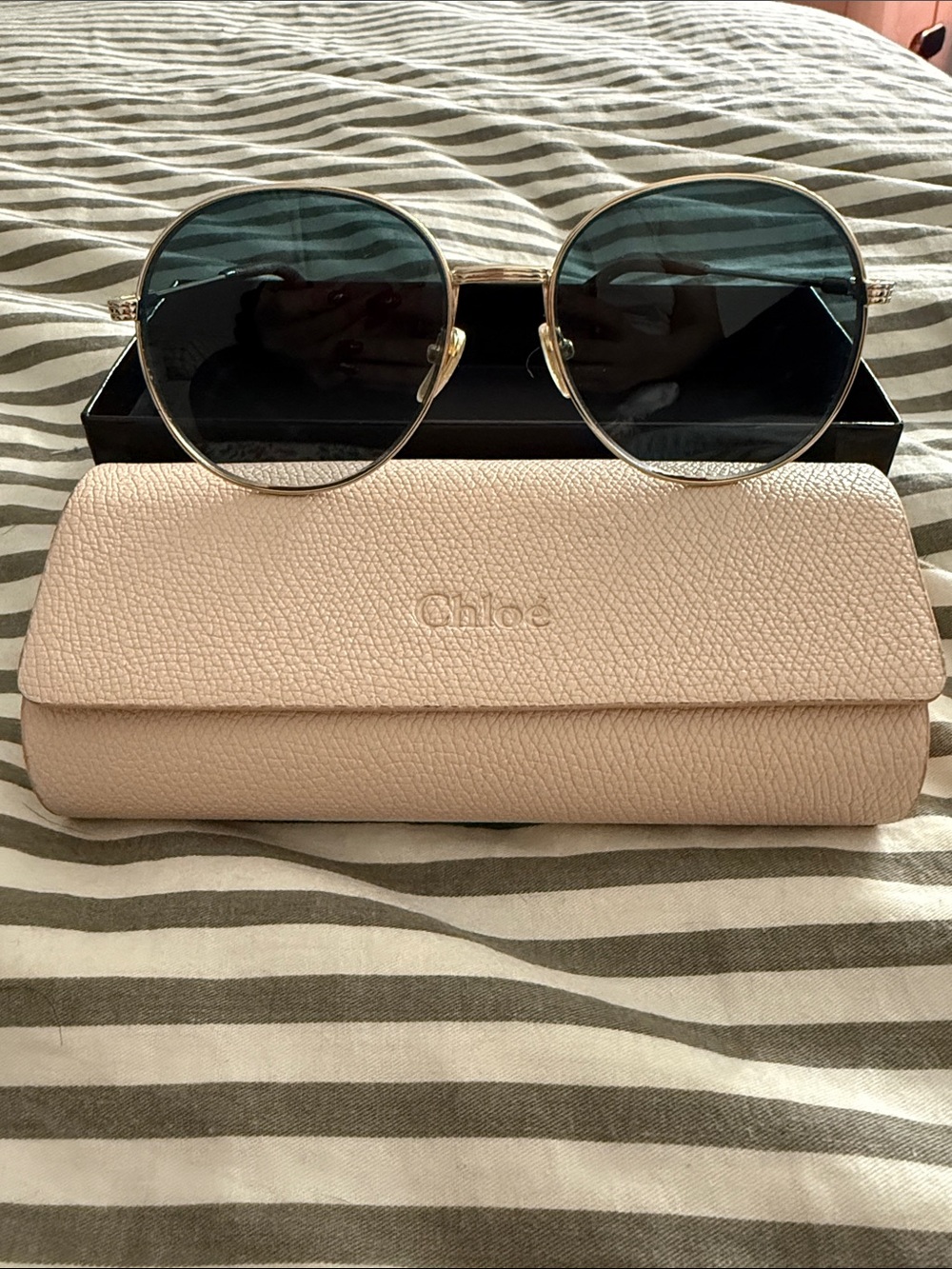 Chloe Gold Round Sunglasses with Blue green teal lenses